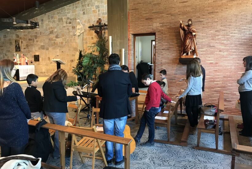 a group of people in a church